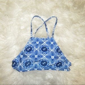 Blue and white printed bikini top high neck